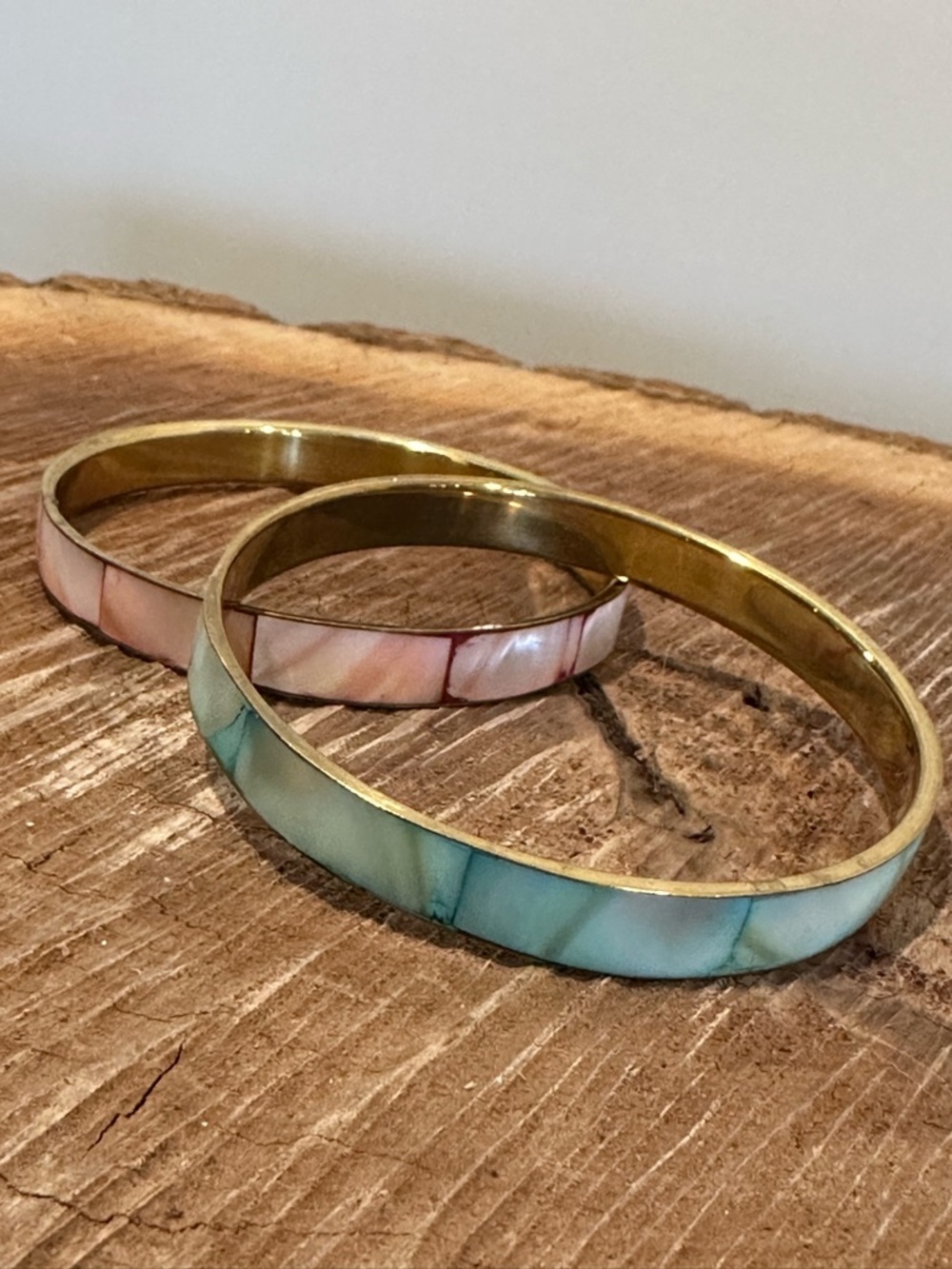 Gold-Tone Bangle Bracelets with Turquoise and Pink Inlay